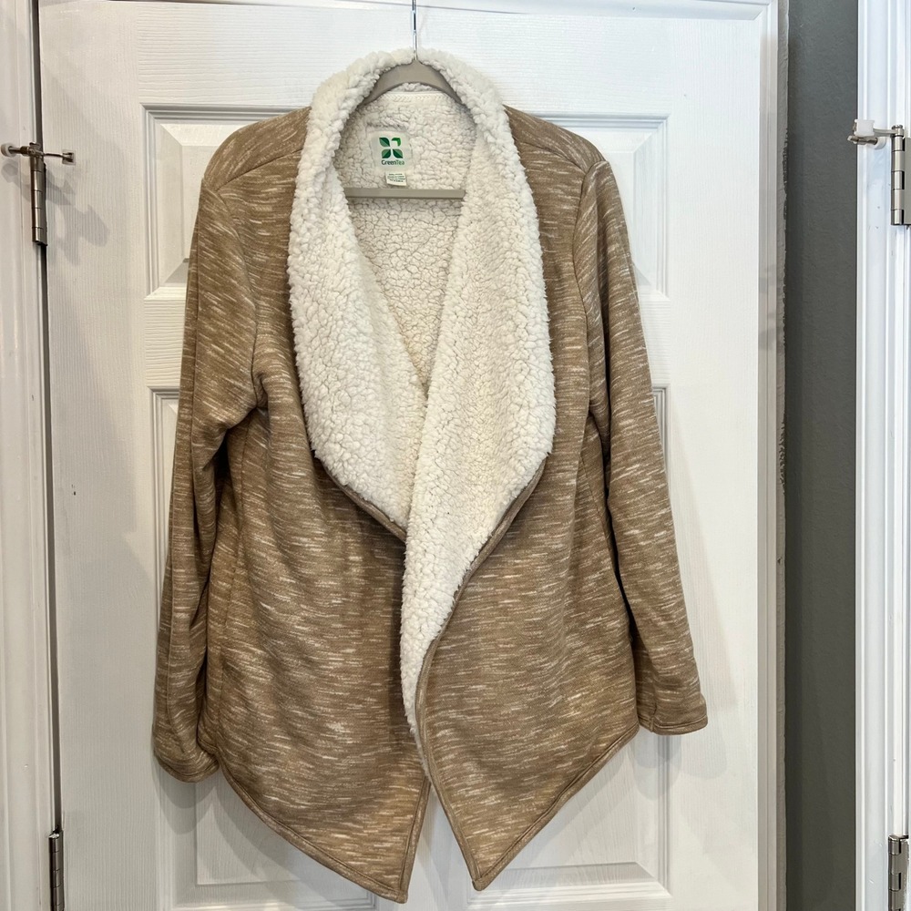 GreenTea Cardigan Polyester Blend Faux Sherpa Khaki Space Dye XXL Shawl Collar